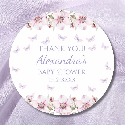Roze Bloemen Vlinder Baby shower Dank u Ronde Sticker
