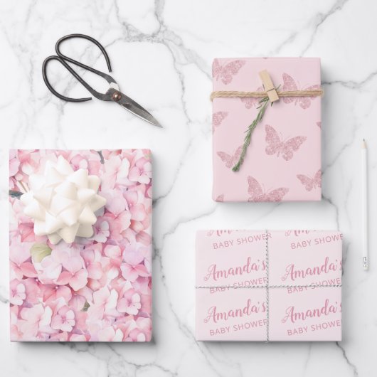 Roze Bloemen Vlinder Baby shower Gepersonaliseerd Inpakpapier Vel (Voorkant)