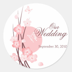 Roze Bloemen Vlinder Bruiloft Aankondiging Ronde Sticker