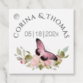 Roze Bloemen & Vlinder Bruiloft Bedankjes Labels (Voorkant)