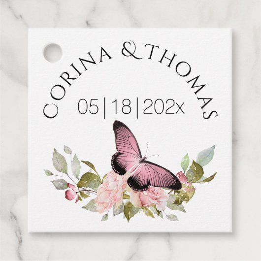 Roze Bloemen & Vlinder Bruiloft Bedankjes Labels (Voorkant)