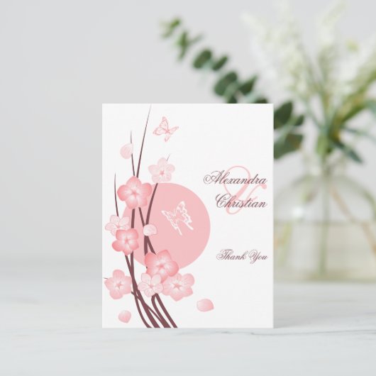 Roze Bloemen Vlinder Dank u Briefkaart (Staand voorkant)