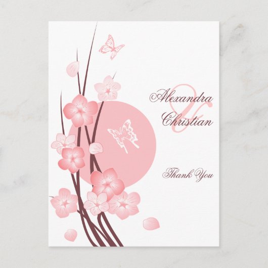 Roze Bloemen Vlinder Dank u Briefkaart (Voorkant)