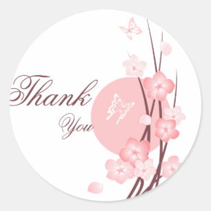 Roze Bloemen Vlinder Dank u Ronde Sticker