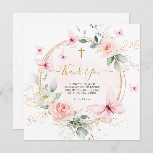 Roze Bloemen Vlinder Doop Doop Bedankkaart (Voorkant / Achterkant)