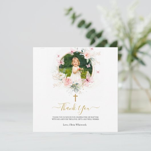 Roze Bloemen Vlinder Doop Doop Bedankkaart (Staand voorkant)