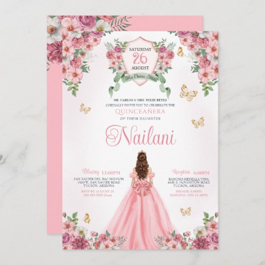 Roze Bloemen Vlinder Goud Roze Bloem Quinceanera Kaart (Voorkant / Achterkant)