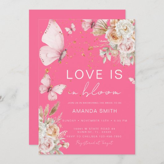 Roze Bloemen Vlinder houdt van Bloom Vrijgezellenf Kaart (Voorkant / Achterkant)