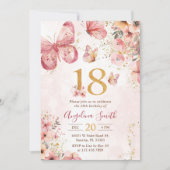 Roze Bloemen Vlinder Meisje 18e Verjaardagsfeest Kaart (Voorkant)