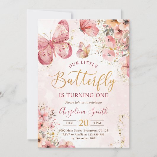 Roze Bloemen Vlinder Meisje 1e Verjaardagsfeest Kaart (Voorkant)