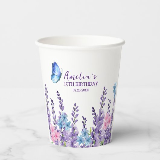 Roze Bloemen Vlinder Meisje Verjaardag servies Papieren Bekers (Achterkant)