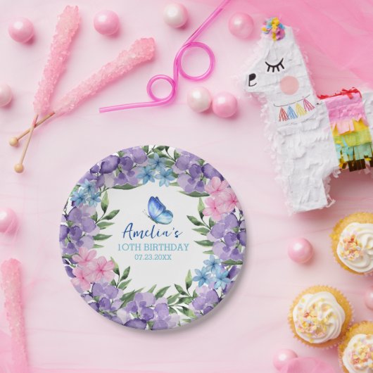 Roze Bloemen Vlinder Meisje Verjaardag servies Papieren Bordje (Feest)