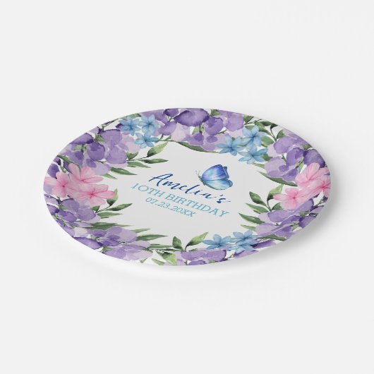 Roze Bloemen Vlinder Meisje Verjaardag servies Papieren Bordje (Gekanteld)