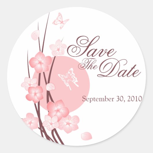 Roze Bloemen vlinder Save The Date Aankondiging Ronde Sticker (Voorkant)