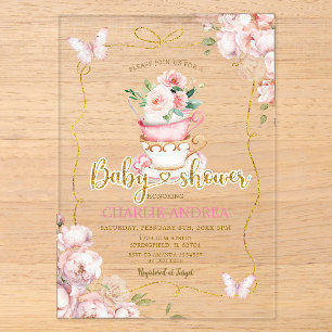 Roze Bloemen Vlinder Thee Feestje Baby Shower Acryl Uitnodigingen