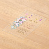 Roze Bloemen Vlinderdoop Acryl Uitnodigingen (Laagn)