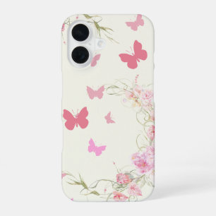 Roze Bloemen, Vlinders, Bleekroze Achtergrond iPhone 16 Hoesje