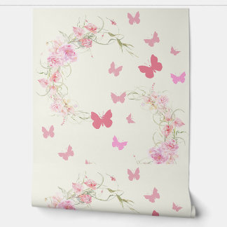 Roze bloemen, vlinders, Bleke roze achtergrond Behang