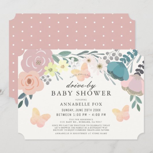 Roze Bloemen & Vlinders Drive-by Baby shower Kaart (Voorkant / Achterkant)