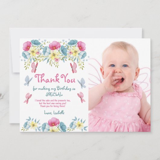 Roze Bloemen Vlinders Foto Verjaardag Bedankkaart (Voorkant)