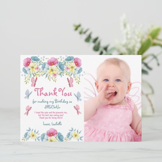 Roze Bloemen Vlinders Foto Verjaardag Bedankkaart (Staand voorkant)