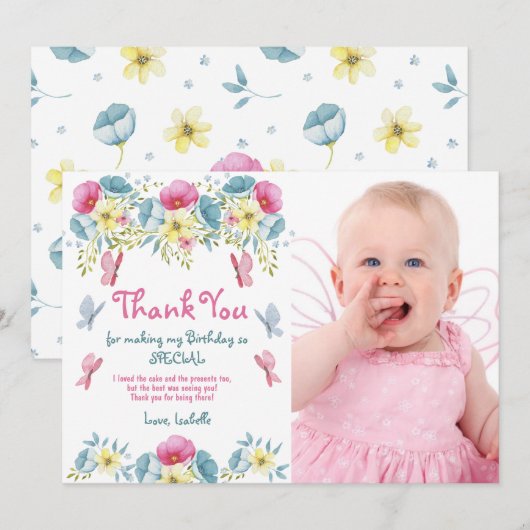 Roze Bloemen Vlinders Foto Verjaardag Bedankkaart (Voorkant / Achterkant)