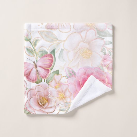 Roze Bloemen Vlinders-Goud Glitter Wit Bad Handdoek (Wasdoekje)