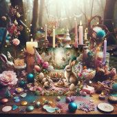 Roze Bloemen Vlinders Konijntje Pasen Picknick Feestdagenkaart