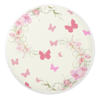 Roze Bloemen, Vlinders, Lichtroze Achtergrond Keramische Knop