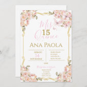 Roze Bloemen Vlinders Quinceañera Uitnodiging (Voorkant / Achterkant)