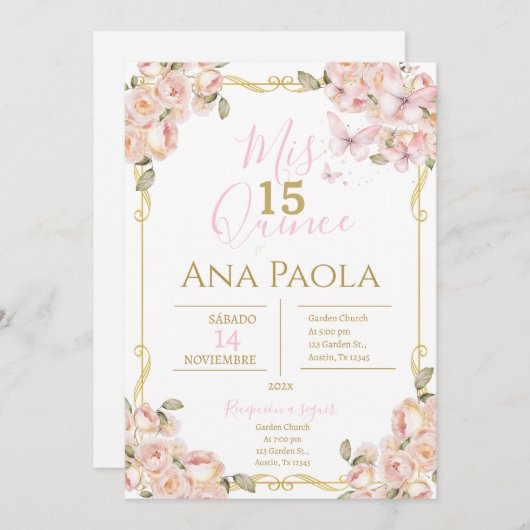 Roze Bloemen Vlinders Quinceañera Uitnodiging (Voorkant / Achterkant)