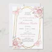 Roze Bloemen Vlinders Quinceañera Uitnodiging (Voorkant)