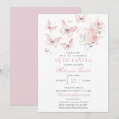 Roze Bloemen Vlinders Quinceañera Uitnodiging (Voorkant / Achterkant)
