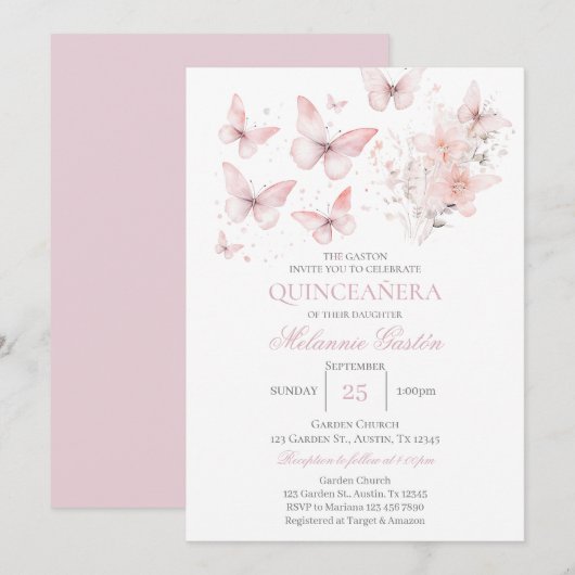 Roze Bloemen Vlinders Quinceañera Uitnodiging (Voorkant / Achterkant)
