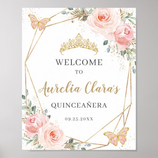 Roze bloemen Vlinders Quinceanera Verjaardag  Poster (Voorkant)