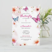 Roze Bloemen Vlinders voor Baby Meisje 1e Verjaard Kaart (Staand voorkant)