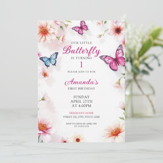 Roze Bloemen Vlinders voor Baby Meisje 1e Verjaard Kaart (Staand voorkant)