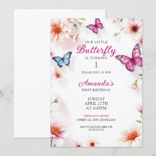 Roze Bloemen Vlinders voor Baby Meisje 1e Verjaard Kaart