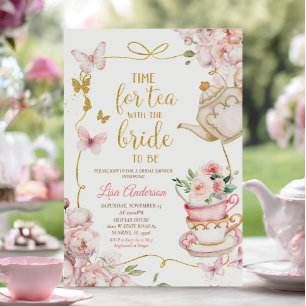 Roze Bloemen Vlinders Vrijgezellenfeest Tea Party Kaart