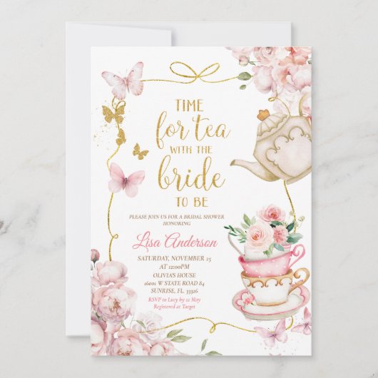 Roze Bloemen Vlinders Vrijgezellenfeest Tea Party Kaart (Voorkant)