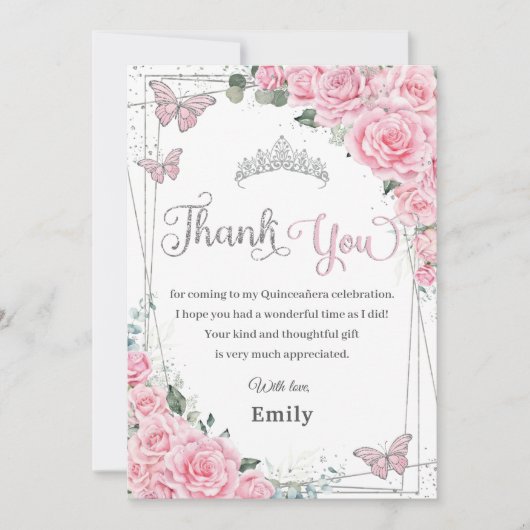 Roze Bloemen Vlinders Zoet Zestien Quinceañera Bedankkaart (Voorkant)