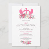 Roze bloemen vogels en een kruis Eerste Communie Kaart (Voorkant)