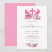 Roze bloemen vogels en een kruis Eerste Communie Kaart (Voorkant / Achterkant)