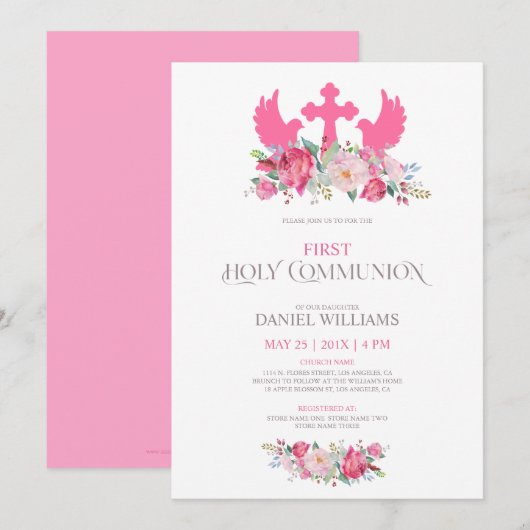 Roze bloemen vogels en een kruis Eerste Communie Kaart (Voorkant / Achterkant)