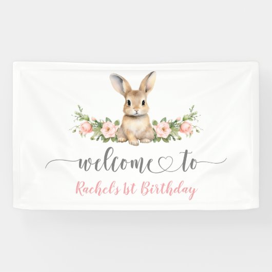 Roze Bloemen Voorjaar Bunny 1e Verjaardag Welkom Spandoek (Horizontaal)