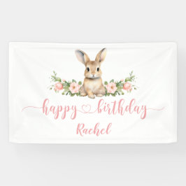 Roze Bloemen Voorjaar Bunny Happy Birthday Spandoek