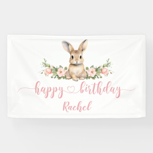 Roze Bloemen Voorjaar Bunny Happy Birthday Spandoek (Horizontaal)