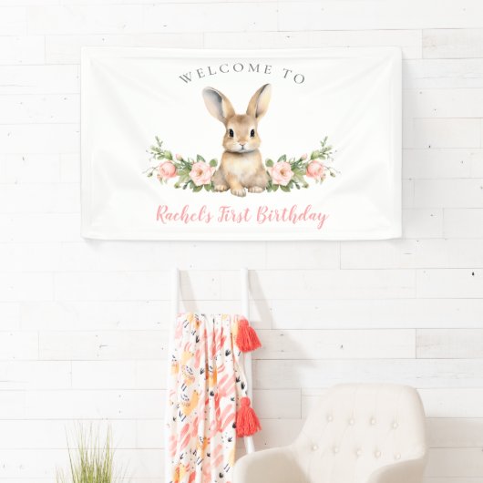 Roze Bloemen Voorjaar Bunny Welkom 1e Verjaardag Spandoek (Insitu)