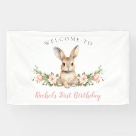 Roze Bloemen Voorjaar Bunny Welkom 1e Verjaardag Spandoek