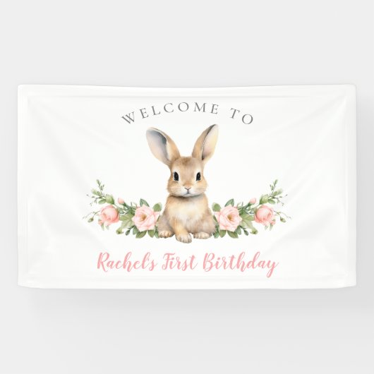 Roze Bloemen Voorjaar Bunny Welkom 1e Verjaardag Spandoek (Horizontaal)